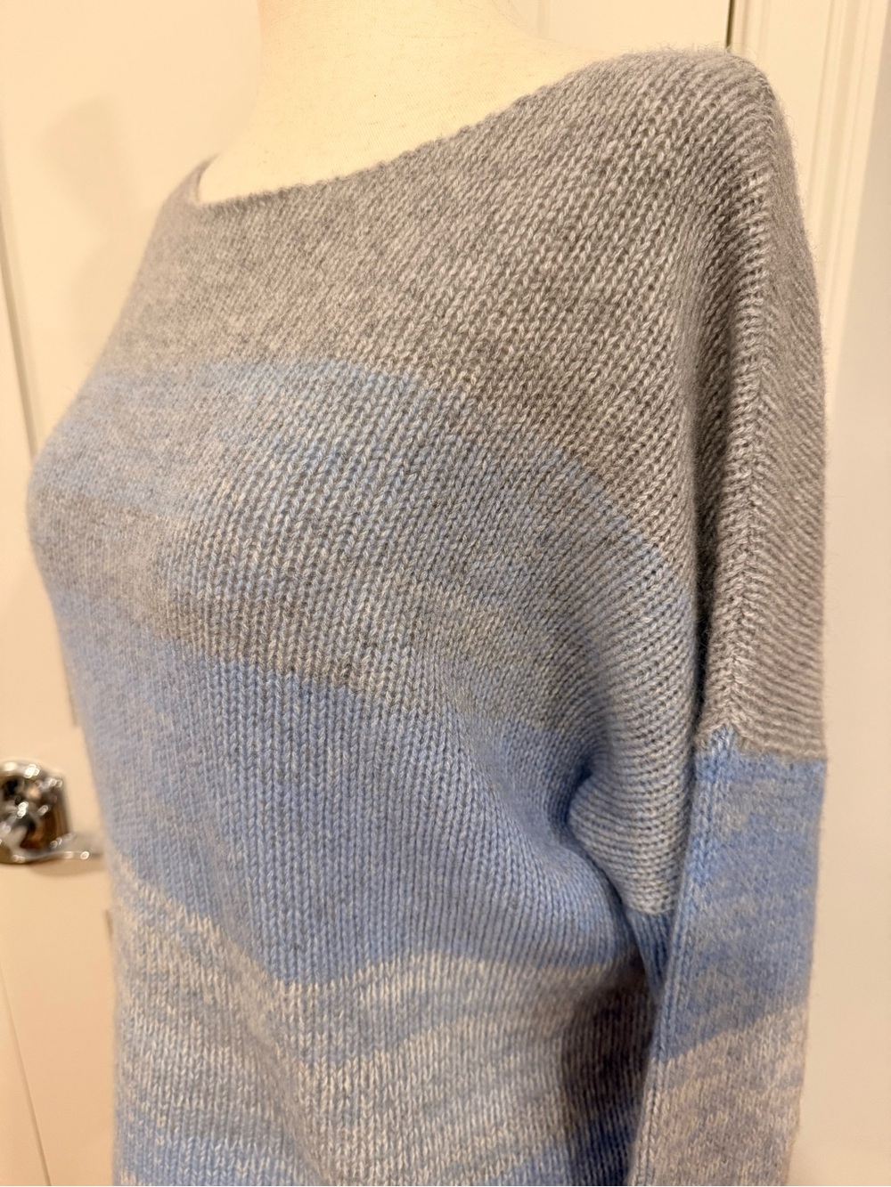 Skull Cashmere Crewneck Sweater in Light Blue, Gray & Cream with Graphic - Picture 5 of 15